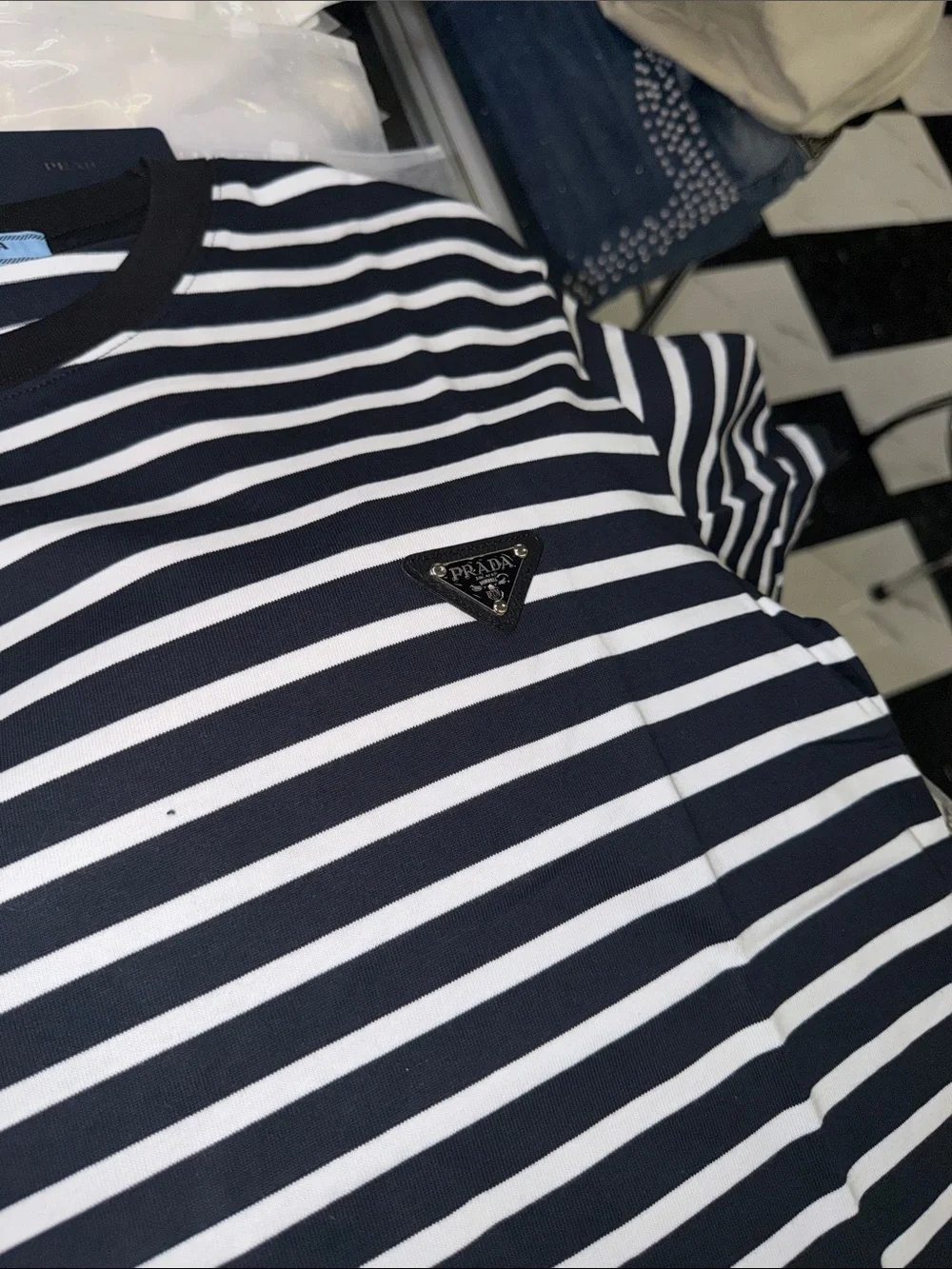 Prada Navy and White Horizontal Stripe Short-Sleeve Tee